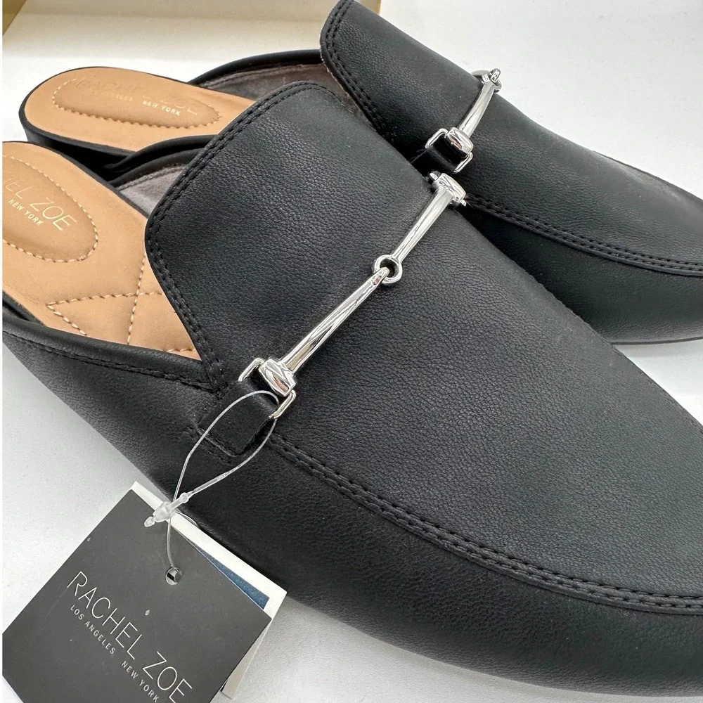 RACHEL ZOE Alani Black Faux Leather Mules Silver Horsebit Buckle Detail NWT 10 - Picture 3 of 12